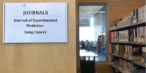 Signage in the stacks of a cancer library