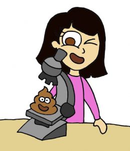 A cartoon of a young scientist examing a poo emoji under her microscope