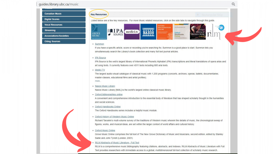 UBC music library resources webpage