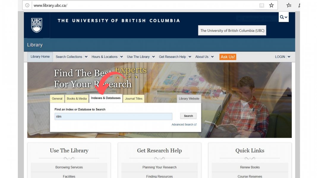 UBC library homepage showing where to search for databases