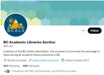 a screenshot of BCALS Twitter account landing page showing following 514 and followers 492