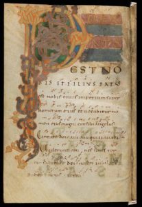 A large P letter - initial in gold, orange, grey, blue and green 