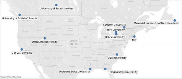 map of north America showing the universities scanned